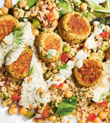 a picture of a vegan falafel and tabbouleh dish paired with tzatziki and loose greens