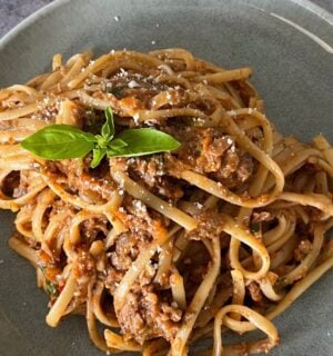 a picture of mushroom and walnut ragu made with miso, chili, soy sauce, tomato, and veggies