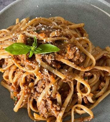 a picture of mushroom and walnut ragu made with miso, chili, soy sauce, tomato, and veggies