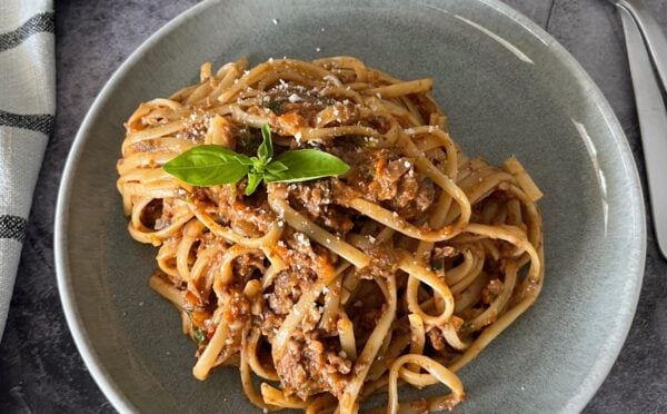 a picture of mushroom and walnut ragu made with miso, chili, soy sauce, tomato, and veggies