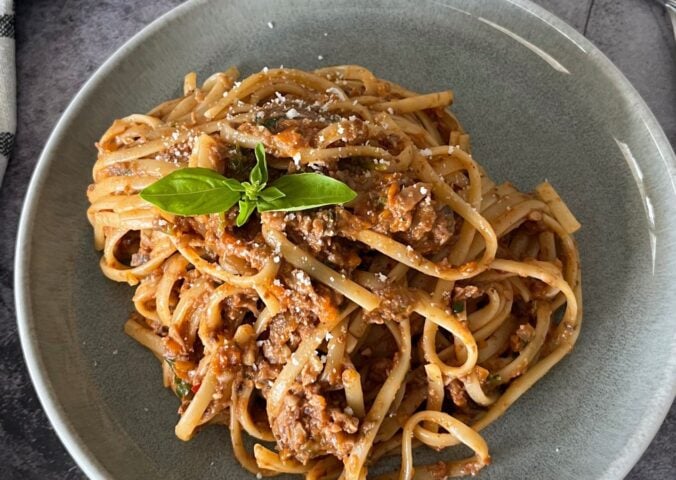 a picture of mushroom and walnut ragu made with miso, chili, soy sauce, tomato, and veggies