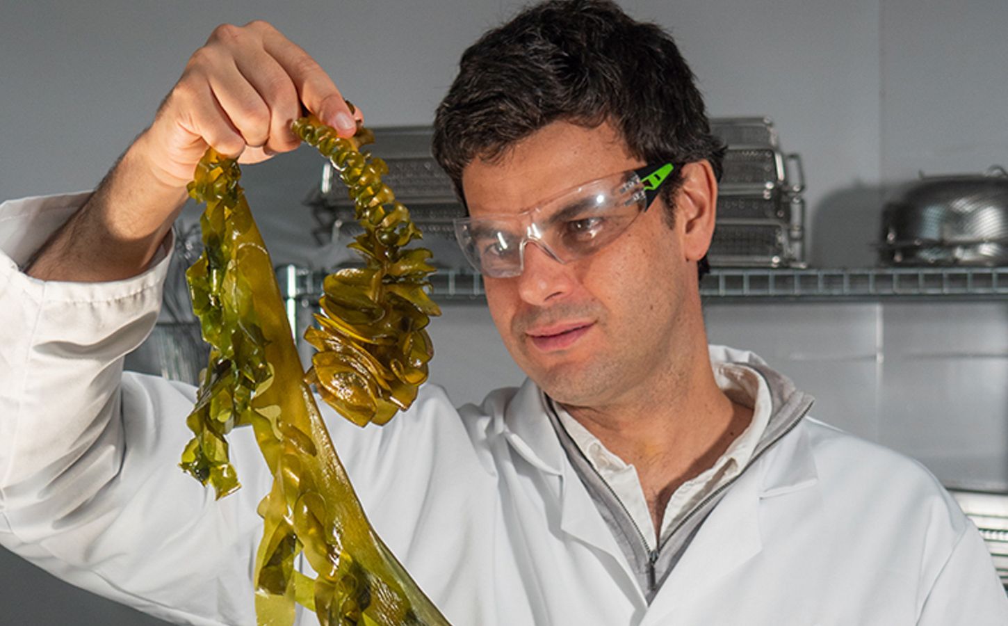 Photo shows Notpla co-founder and co-CEO Rodrigo García González holding up a strand of seaweed in a lab setting