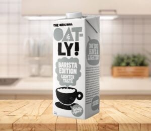 A carton of Oatly's new reduced fat plant-based milk