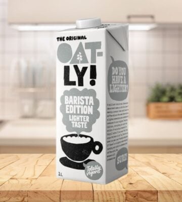 A carton of Oatly's new reduced fat plant-based milk