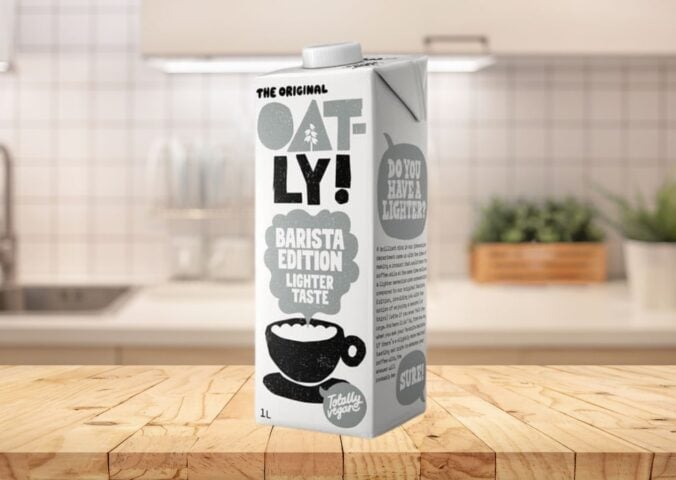 A carton of Oatly's new reduced fat plant-based milk