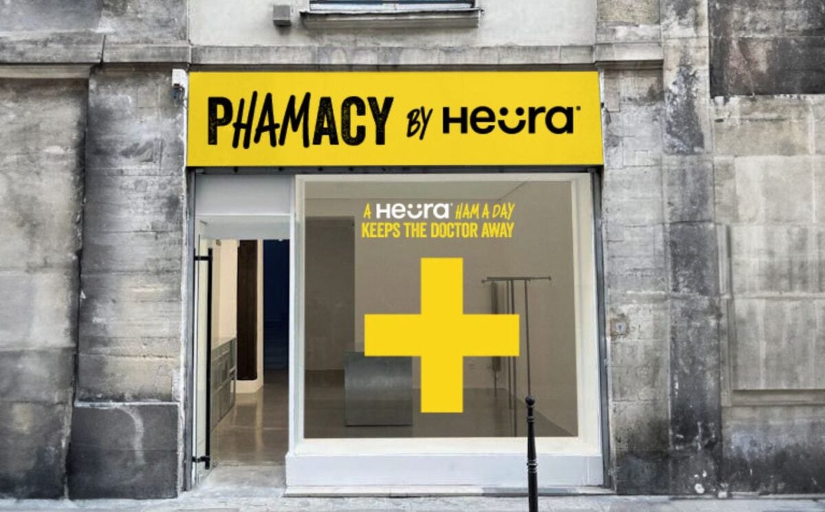 The outside of a new Heura vegan meat pop-up named "Phamacy"