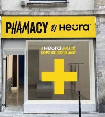 The outside of a new Heura vegan meat pop-up named "Phamacy"