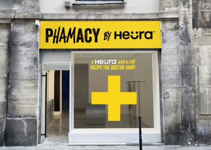 The outside of a new Heura vegan meat pop-up named "Phamacy"