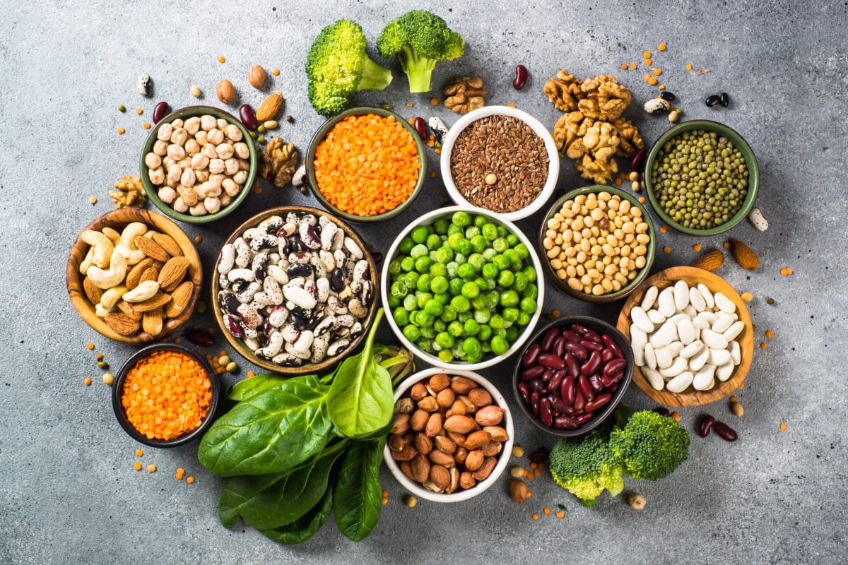 Photo shows a selection of bowls and piles of plant-based protein sources, including beans, nuts, seeds, and legumes