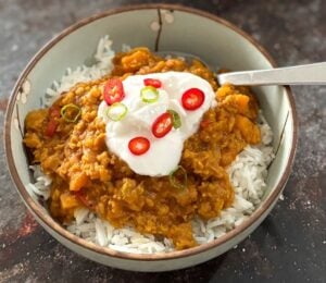 A bowl of vegan pumpkin and lentil curry