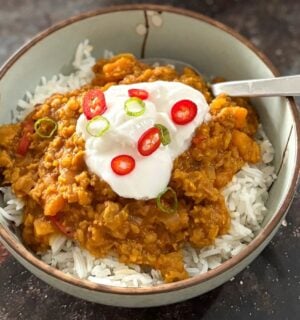 A bowl of vegan pumpkin and lentil curry