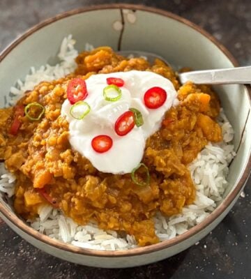 A bowl of vegan pumpkin and lentil curry