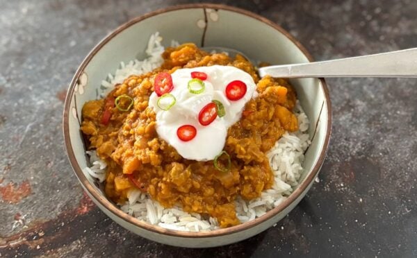 A bowl of vegan pumpkin and lentil curry