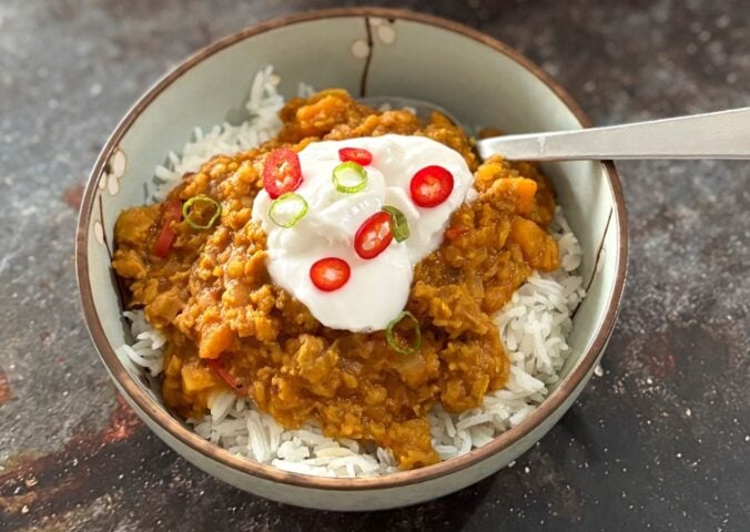 A bowl of vegan pumpkin and lentil curry