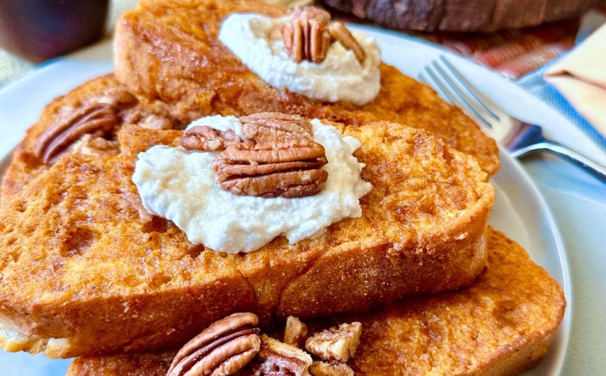 oven-baked French toast with winter squash batter, coconut whipped cream, cinnamon and pecans