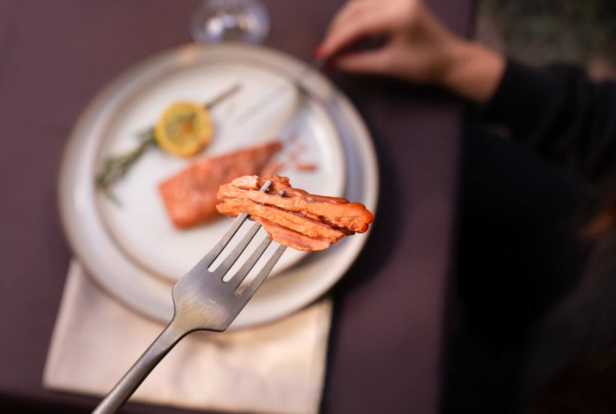 Photo shows Revo Foods' 3D-printed mycoprotein salmon fillet dished up on a plate