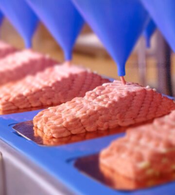 Photo shows the new Revo Foods mycoprotein salmon fillet, produced at the company's new large-scale 3D printing facility