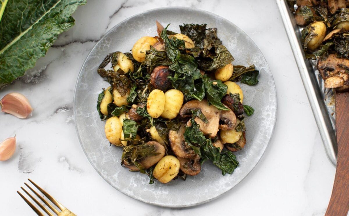 A plate of vegan sheet pan gnocchi