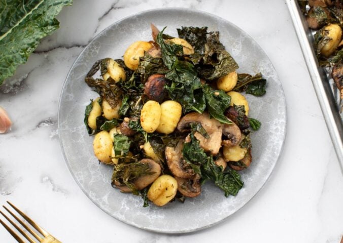 A plate of vegan sheet pan gnocchi