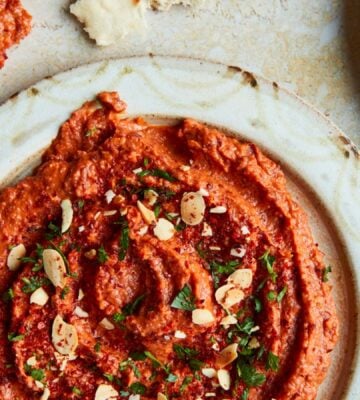 a picture of vibrant and smoky kidney bean dip made with canned red peppers and sun-dried tomatoes