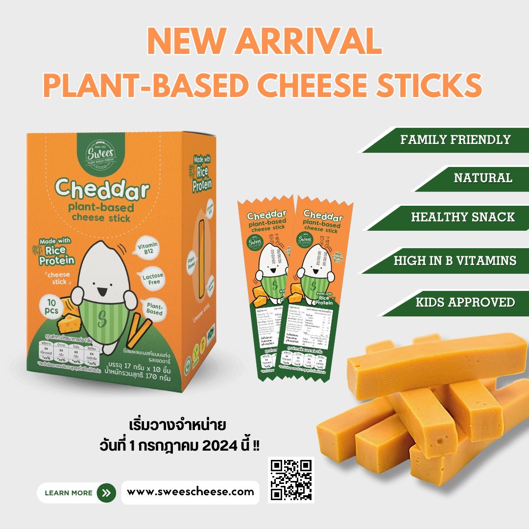 Photo shows the new Swees Cheddar Plant-Based Cheese Sticks including a breakdown of their benefits