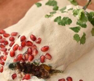 a picture of a stuffed poblano pepper filled with apple, lentils, mushroom, and pear topped with cashew sauce