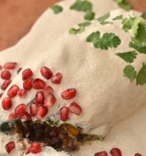 a picture of a stuffed poblano pepper filled with apple, lentils, mushroom, and pear topped with cashew sauce