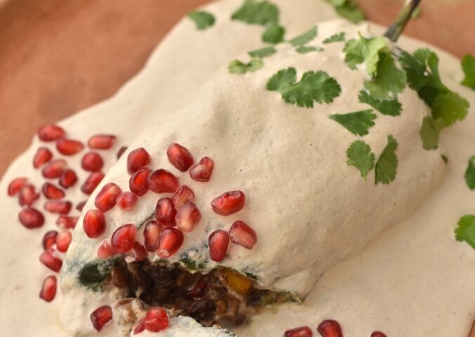 a picture of a stuffed poblano pepper filled with apple, lentils, mushroom, and pear topped with cashew sauce