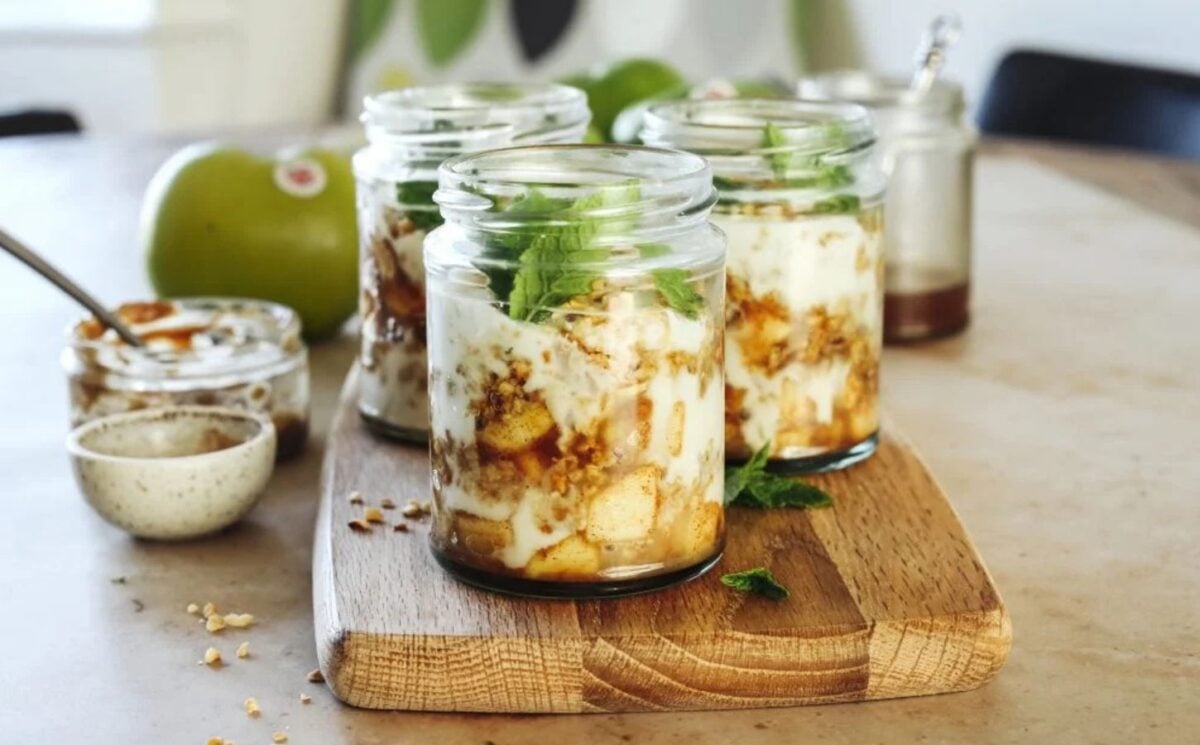 a picture of jars of caramel bramley apple parfait pots for vegan apple dessert recipes