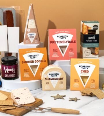 A selection of vegan cheeses from dairy-free cheese brand Honestly Tasty