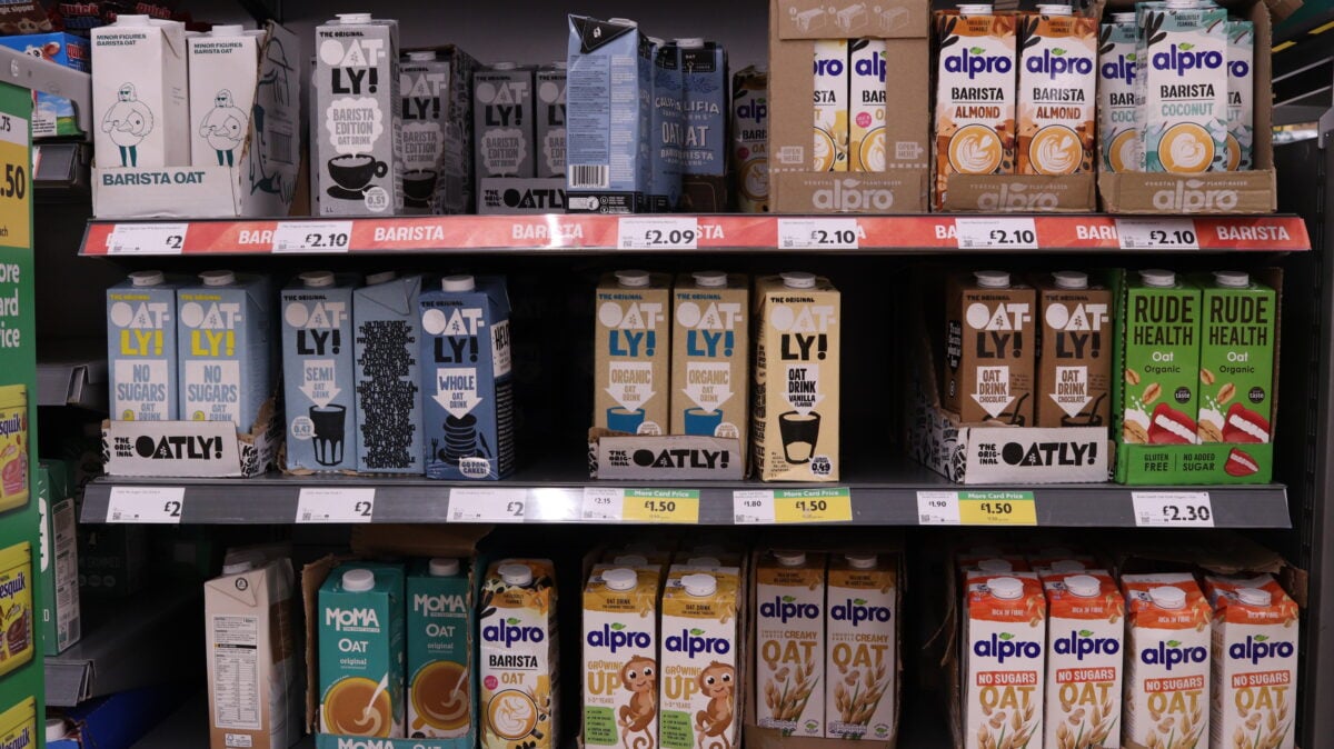 A selection of plant-based milks in a UK supermarket