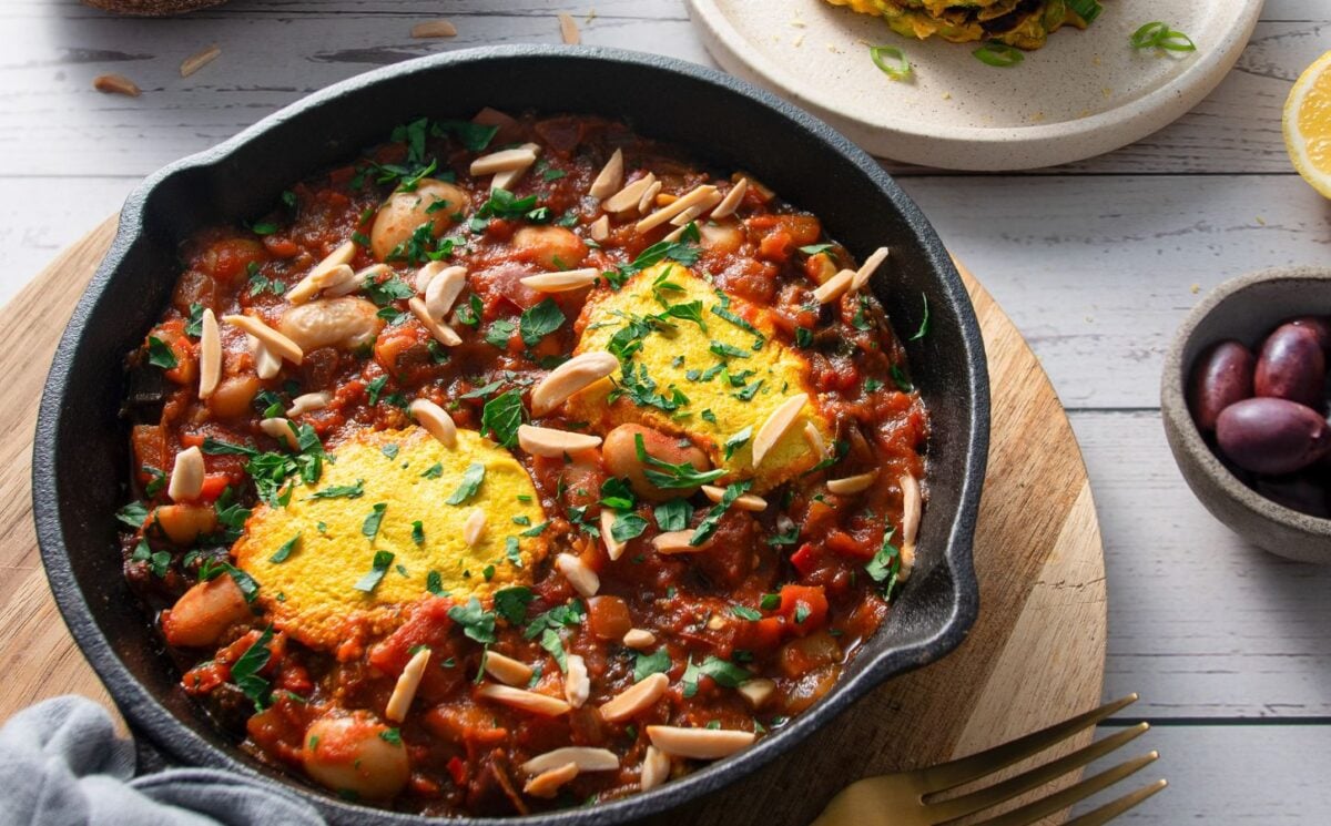 vegan shakshuka made with tofu egg and butter beans in a rich tomato sauce