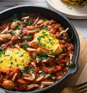 vegan shakshuka made with tofu egg and butter beans in a rich tomato sauce