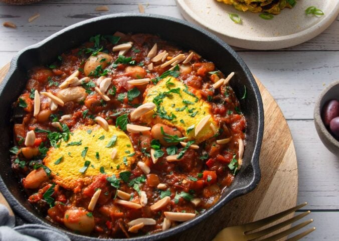 vegan shakshuka made with tofu egg and butter beans in a rich tomato sauce