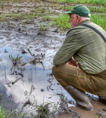 Farmer in waterlogged field