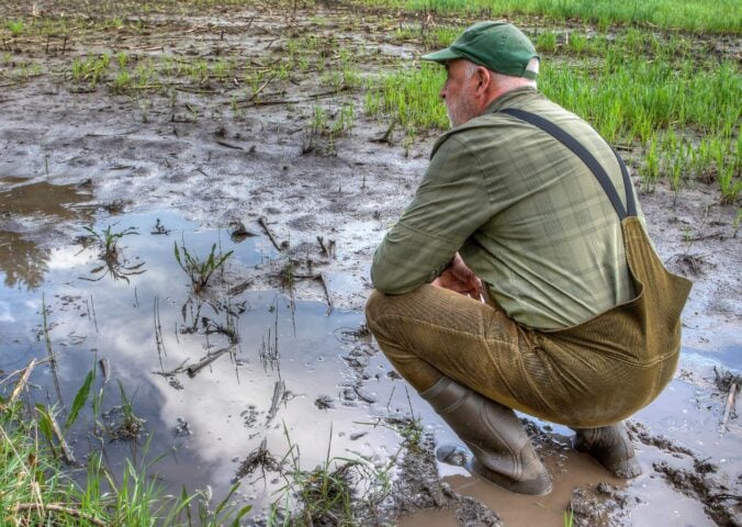 Farmer in waterlogged field