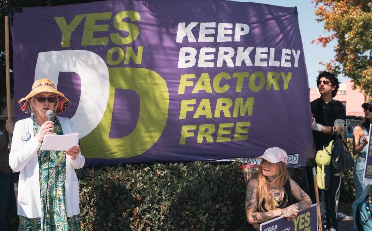 Berkeley resident Diana Navon speaks during the March for Measure DD, which called to ban factory farming in Berkeley