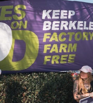 Berkeley resident Diana Navon speaks during the March for Measure DD, which called to ban factory farming in Berkeley