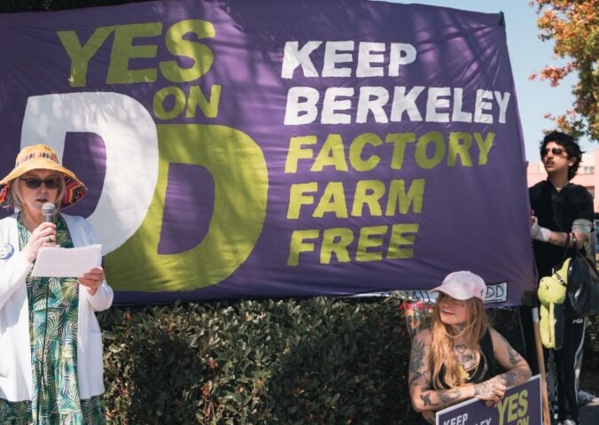 Berkeley resident Diana Navon speaks during the March for Measure DD, which called to ban factory farming in Berkeley