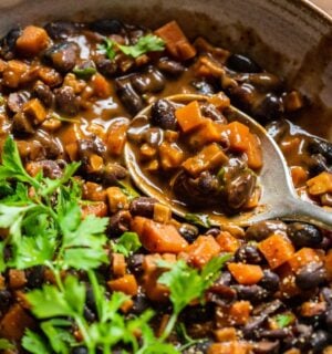 A bowl of vegan black bean goulash featuring lots of carrots and herbs