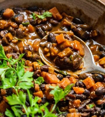 A bowl of vegan black bean goulash featuring lots of carrots and herbs