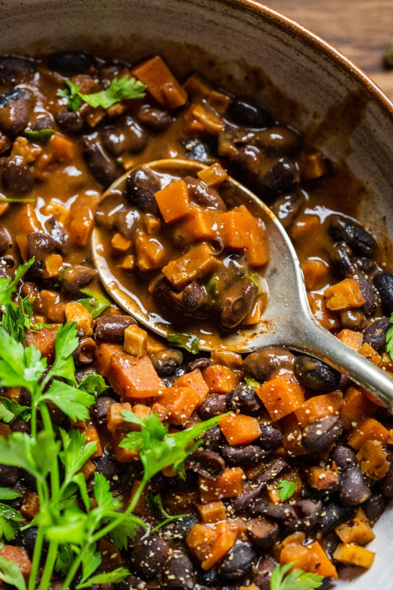 A bowl of vegan black bean goulash featuring lots of carrots and herbs