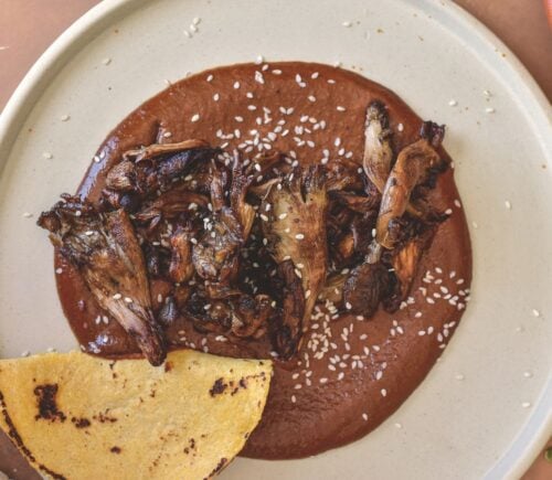 a plate of black mole with roasted oyster mushrooms served with tortilla