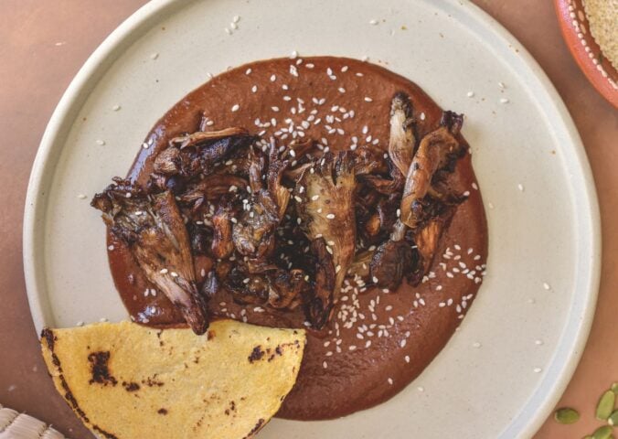 a plate of black mole with roasted oyster mushrooms served with tortilla