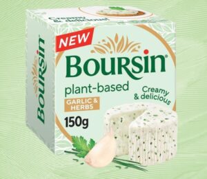 A pack of Boursin Plant-Based in front of a light green background