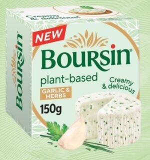 A pack of Boursin Plant-Based in front of a light green background