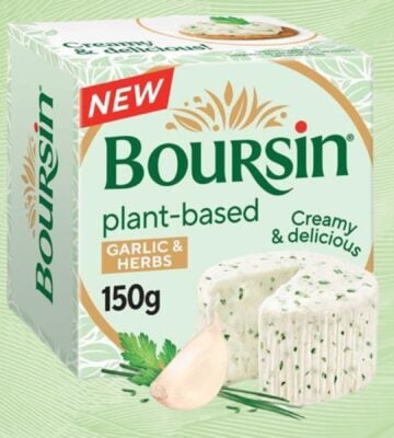 A pack of Boursin Plant-Based in front of a light green background