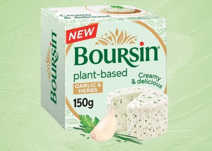 A pack of Boursin Plant-Based in front of a light green background