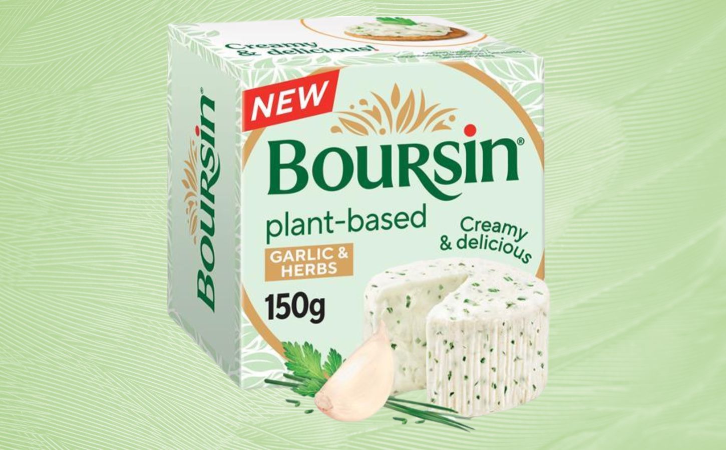 A pack of Boursin Plant-Based in front of a light green background