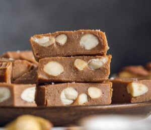 pieces of Brazil nut fudge filled with whole Brazil nuts and made with cacao and maple syrup